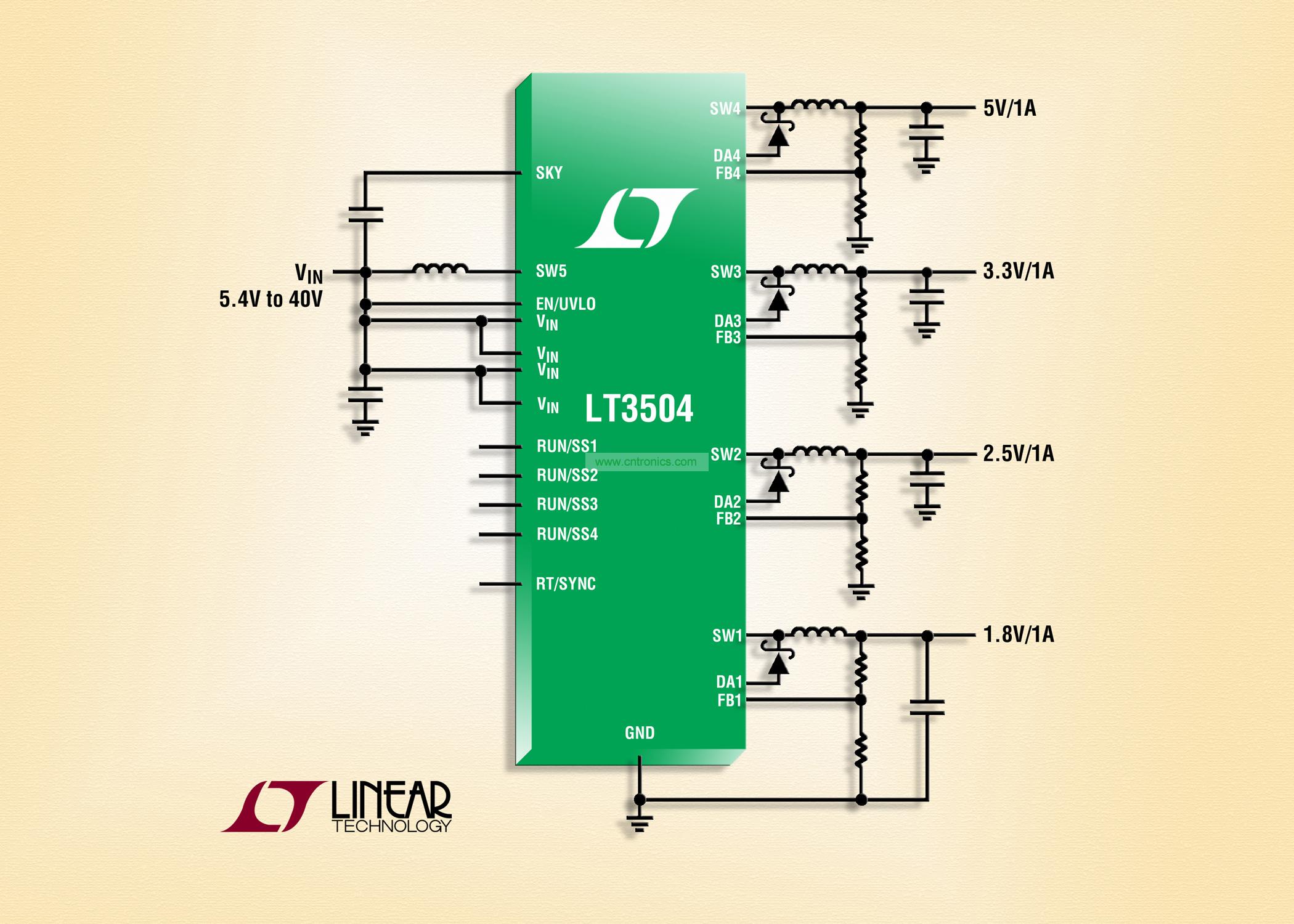 40V、4 通道 1A (IOUT)、2.2MHz 降壓型 DC/DC 轉(zhuǎn)換器