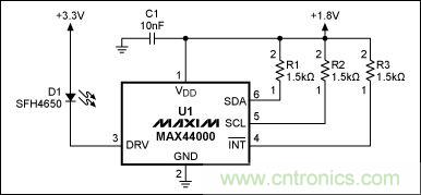 圖1：MAX44000典型電路，包括LED