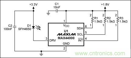 圖2：MAX44000典型電路，帶有發(fā)射器旁路