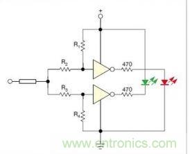 在雙門構(gòu)成的CMOS/TTL兼容探頭中，R1至R4電阻網(wǎng)絡(luò)對(duì)反相器輸入端做偏置