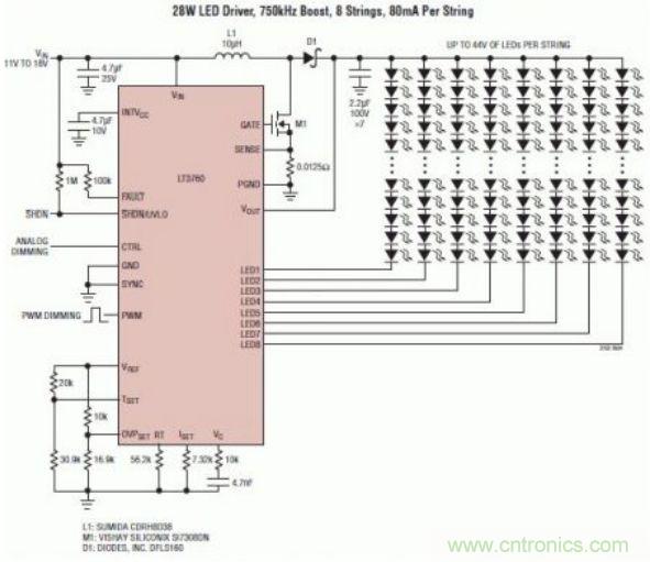 采用 LT3760、效率為 90% 的 28W LED 背光照明電路