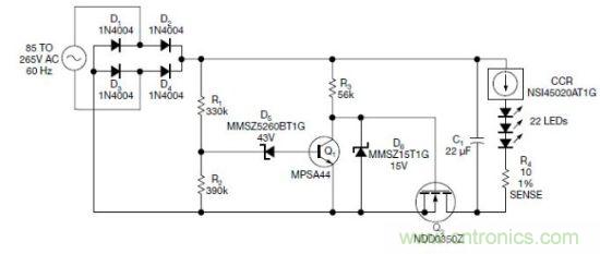圖1：電路以恒流驅(qū)動一串LED，可用于全世界的各種交流電壓