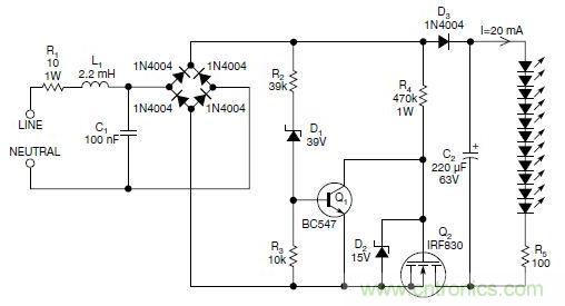 圖2：斬波工作類似圖1中的電路，但以較大的LED串聯(lián)電阻代替了恒流源，提供限流功能