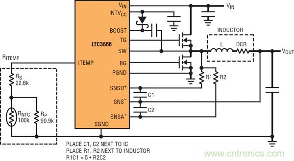 圖 1：具超低電感器 DCR 的 LTC3866 電流采樣電路。大電流通路用粗線顯示