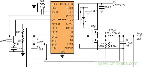 圖2：以非常低的DCR完成采樣的高效率、1.5V/30A降壓型轉換器