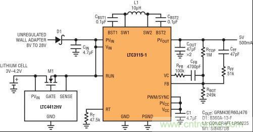 圖7：LTC3115-1與LTC4412HV相結(jié)合，以獲得由單節(jié)鋰離子電池和未穩(wěn)壓交流適配器提供的雙輸入5V電源