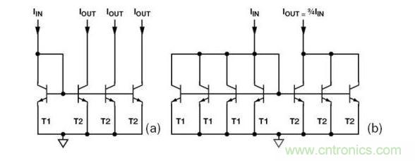 （a） 多級(jí)電流鏡 （b） 非整數(shù)比例電流鏡可將3個(gè)T2集電極結(jié)合起來(lái)，得到3IIN