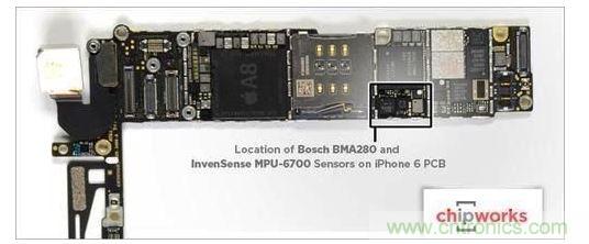 iPhone 6內(nèi)含1顆InvenSense的六軸陀螺儀-加速度計(jì)組合組件，以及1顆Bosch的三軸加速度計(jì)BMA280
