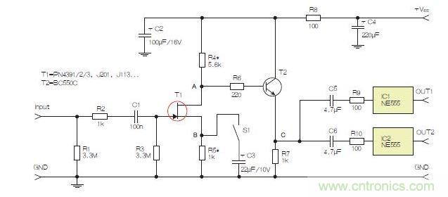 所示電路采用兩個工作在不同頻率下的555定時器，以獲取不同的音