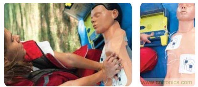 胸部按壓CPR(左圖)迫使血液循環(huán)，為大腦及其它生命器官供血，直到AED重啟心臟(右圖)。