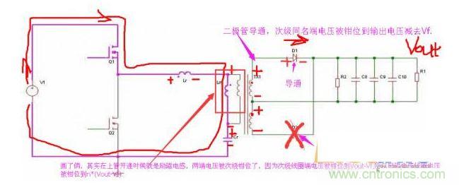 上管開通，注意諧振電感、勵磁電感、諧振電容的正負