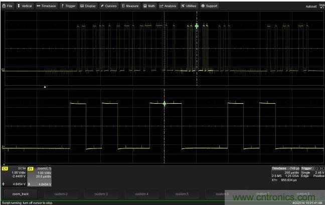 使用CustomDSO運行VB腳本“zoom_Track.lss”。當腳本運行時，縮放波形的中心將跟蹤水平的光標絕對位置。從圖中可以看出，光標將永遠位于縮放波形Z1的中心