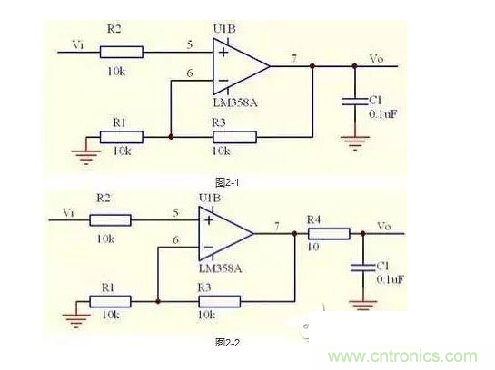 2、不要在運(yùn)放輸出直接并接電容