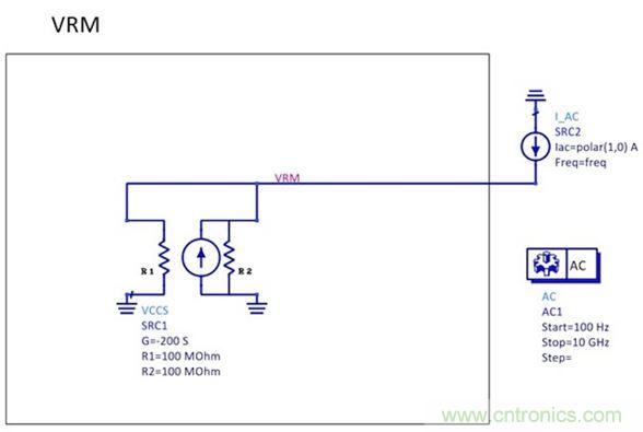 圖1:70A/V的跨導(dǎo)源與負反饋連接在一起(注意SRC1中的負號)。SRC2是一種交流信號，用于監(jiān)視與頻率有關(guān)的輸出阻抗。