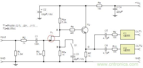 圖3：采用兩個工作在不同頻率下的555定時器電路，以獲取不同的音效。