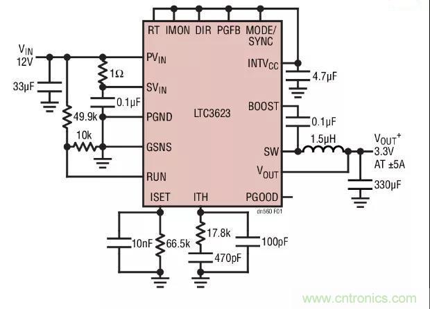 高效率、15V 軌至軌輸出同步降壓型穩(wěn)壓器能提供或吸收 5A